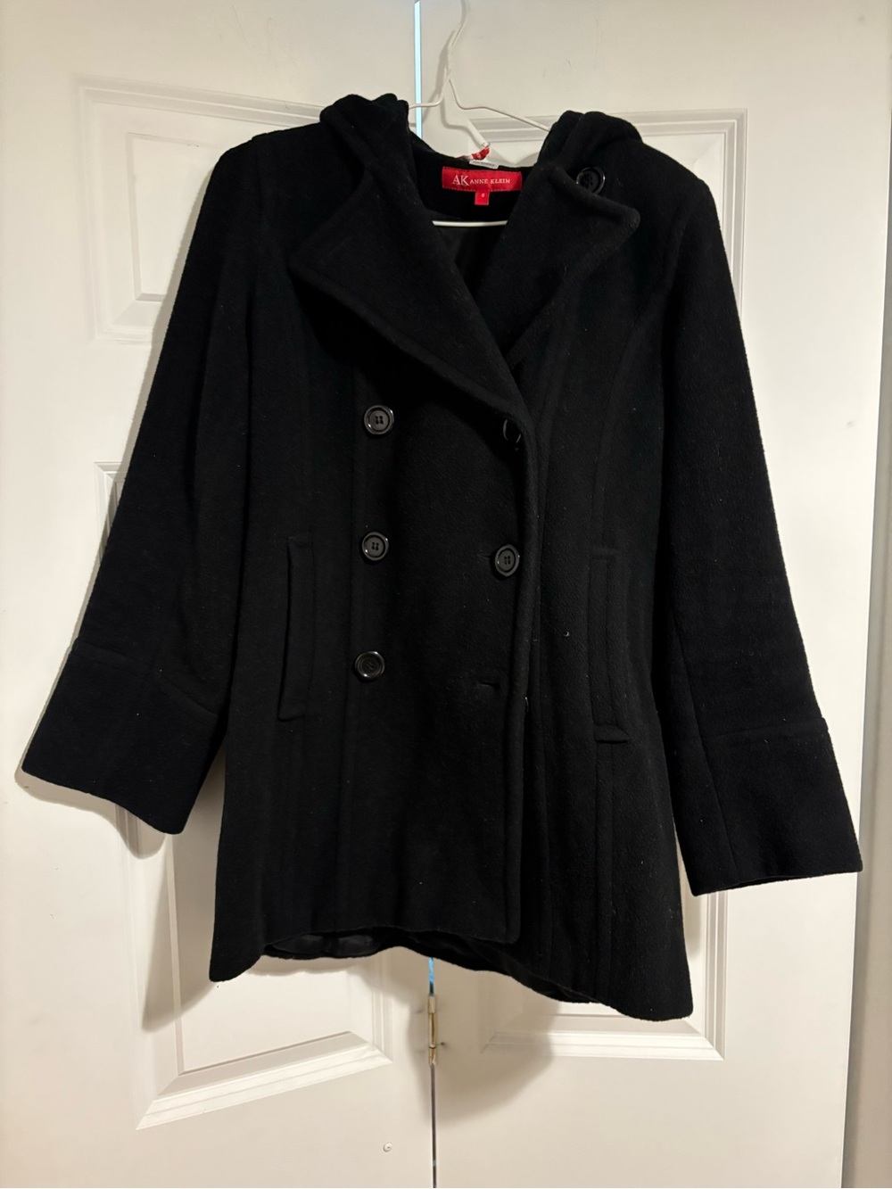 Anne Klein Black Double-Breasted Hooded Wool Pea Coat